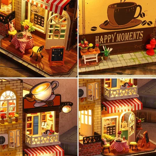 Vista 4 de Roroom Kit de casa de muñecas en miniatura y muebles, modelo de casa de muñecas de madera 3D con cubierta a prueba de polvo y movimiento musical