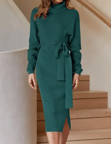 Vista 39 de ZESICA - Vestido por debajo de la rodilla de suéter, de cuello alto, para mujer, de manga larga, de punto acanalado, con abertura y cinturón