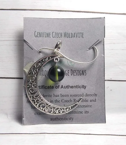 Vista 2 de Authentic Moldavite Bead on Moon- Bronze-Copper-Silver-Gunmetal, Black,-Antique Brass,-Gold-Rose Gold Celtic Crescent Moon Pendant 10MM Bead