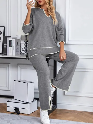 Vista 9 de SuperPrity Conjunto de 2 piezas de suéter para mujer, con cuello de muesca, manga larga, suéter de punto y pierna ancha