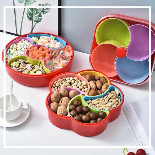Vista 3 de Bandeja de plástico dividida para servir 5 compartimentos, bandeja para servir aperitivos con tapa y asa, platos reutilizables para servir
