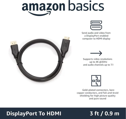 Vista 2 de Amazon Basics Cable DisplayPort a HDMI, unidireccional, chapado en oro, video y audio, 3 pies, negro