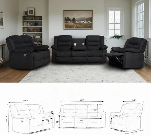 Vista 4 de Juego de sofá reclinable, juego de sofá reclinable manual de microfibra, juego de 3 piezas con sofá biplaza, mesa desplegable y portavasos, sala