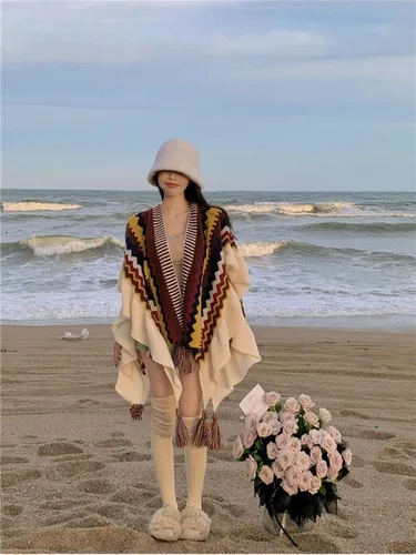 Vista 6 de LKYLIVE Capa de cuello alto para mujer con botón sin manga, elegante poncho de tela a cuadros con clase