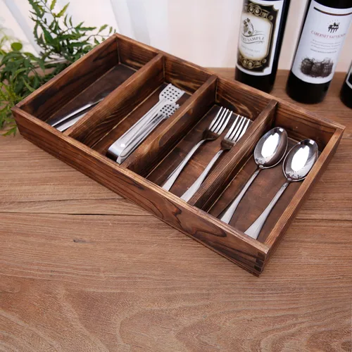 Vista 4 de MyGift Bandeja organizadora de cajones de madera quemada con 4 ranuras, utensilios multiusos, cubiertos, contenedor de madera para herramientas