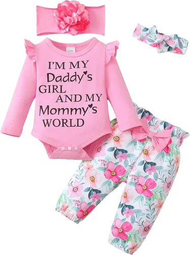 Vista 33 de SUNNY PIGGY Ropa para bebé recién nacida, con volantes, mameluco de algodón floral, conjunto de pantalones de algodón para niñas