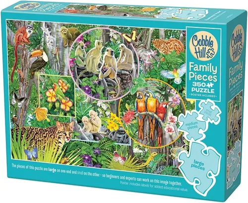 Vista 3 de Cobble Hill Family Piece's 350 Puzzle – Rainforest Magic – Póster de muestra incluido