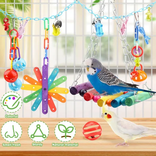 Vista 3 de QUOZUO 9 piezas de juguetes para pájaros de cacatúa, accesorios de jaula de loros, cuerda de columpio, juguete de masticación de perca de madera