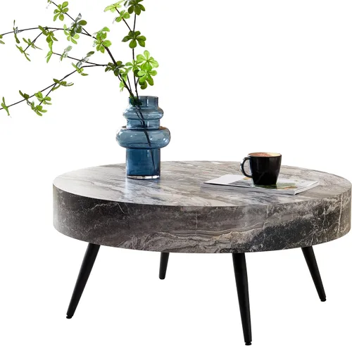 Vista 9 de LKTART Mesa de centro para sala de estar, mesas de centro redondas de madera con almacenamiento, mesa de té moderna de centro de metal para Marrón