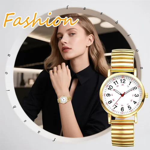 Vista 5 de JewelryWe Reloj de lectura fácil ultrafino para mujer con correa elástica de tono dorado/plateado