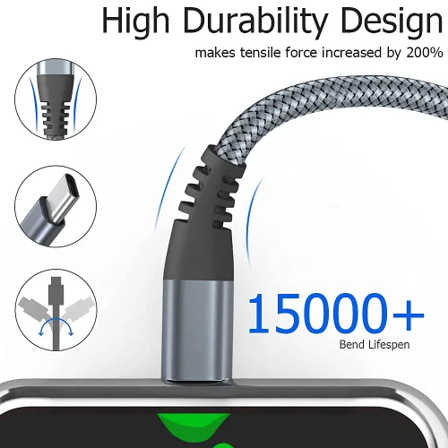 Vista 4 de Puxnoin Cable USB C a USB C de 6 pies y 60 W, paquete de 3 cables USB C, cable de carga PD tipo C de carga rápida compatible con iPhone 15, MacBook