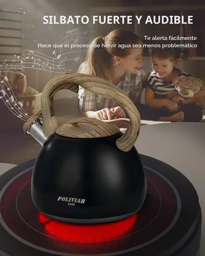 Vista 3 de POLIVIAR - Hervidor de té para estufa negro Ti, hervidor de té silbante de 2.7 cuartos de galón, tetera de acero inoxidable de grado alimenticio