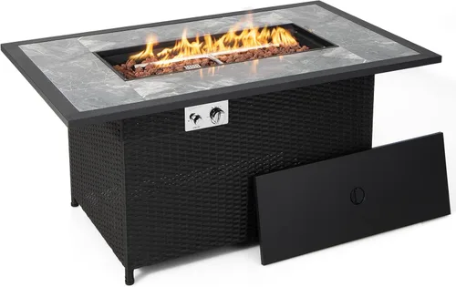 Vista 9 de COSTWAY Mesa de fuego de propano para patio de 52 pulgadas, mesa de fuego para exteriores de 50,000 BTU, encendido por pulso, mesa de mármol y ratán