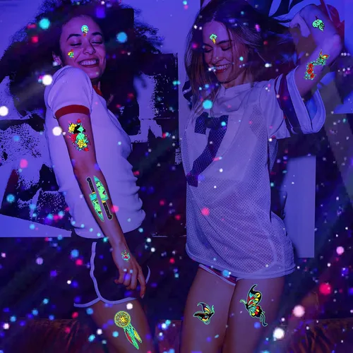 Vista 7 de Tatuajes que brillan en la oscuridad, 12 hojas de tatuajes de neón, tatuajes falsos, accesorio para festivales rave, tatuaje temporal para mujeres