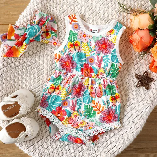 Vista 6 de PATPAT Mameluco floral sin mangas con borlas y pompón para bebé, conjunto con diadema de 0 a 18 meses