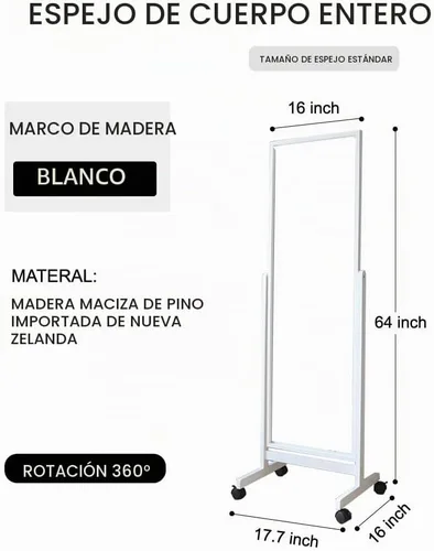 Vista 5 de Espejo de longitud completa con ruedas giratorias de 64 x 22 pulgadas, espejo inclinable grande con marco de madera, cuerpo completo, para vestir