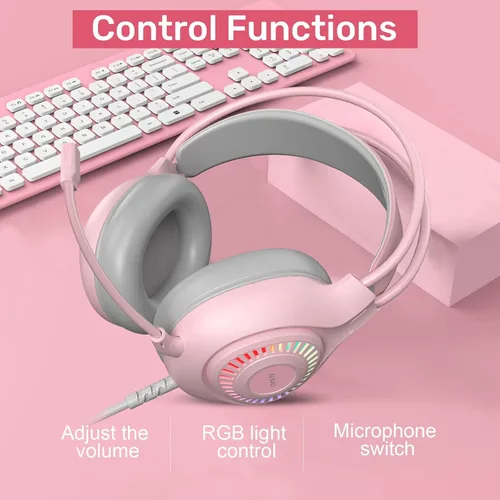 Vista 5 de Emonoo Auriculares para juegos rosa con decoraciones de orejas de gato, auriculares con cable con micrófono de cancelación de ruido y efecto de luz