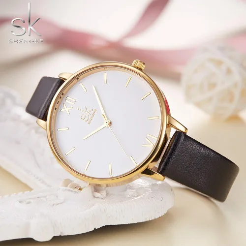 Vista 6 de SK - Reloj de pulsera para mujer, correa de piel, de cuarzo, reloj de lujo japonés de cuarzo.