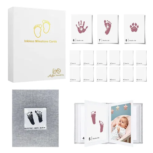 Vista 13 de Little Lullaby - Tarjetas de hitos sin tinta para manos y huellas, kit de almohadilla de tinta para recuerdos para bebé recién nacido (paquete de 6)