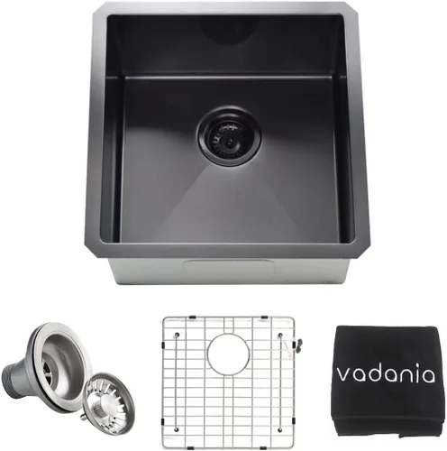 Vista 11 de VADANIA Fregadero de barra de cocina de 16 pulgadas, acabado chapado en negro, 16"x18"x10", tazón individual, bajo encimera, acero inoxidable T304