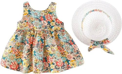 Vista 2 de IBAKOM Vestido de verano sin mangas con flores para bebé, vestido hawaiano de fiesta, vestido de princesa bohemio con sombrero de paja