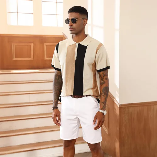 Vista 4 de Camisas polo de moda para hombre, camisas de punto vintage a rayas, camisas de golf casuales ajustadas