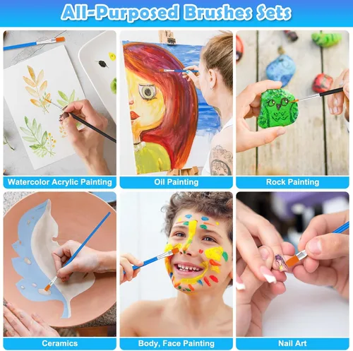 Vista 6 de 70 piezas de pinceles de pintura pequeños, pinceles de punta plana y redonda para niños, pinceles de pelo de nailon para acrílico, acuarela, lienzo