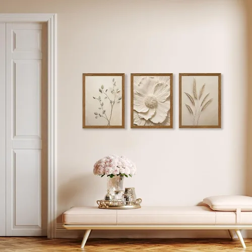 Vista 2 de JLTULT 3 piezas de arte de pared con flores en lienzo con marco, arte de pared de flores en tonos neutros y beige, arte de pared de flores