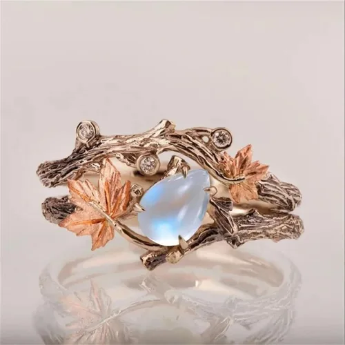 Vista 3 de Anillo de promesa vintage con diseño de hoja de mapel de circonita cúbica para mujer, chapado en oro antiguo, piedra lunar, ópalo, lágrima