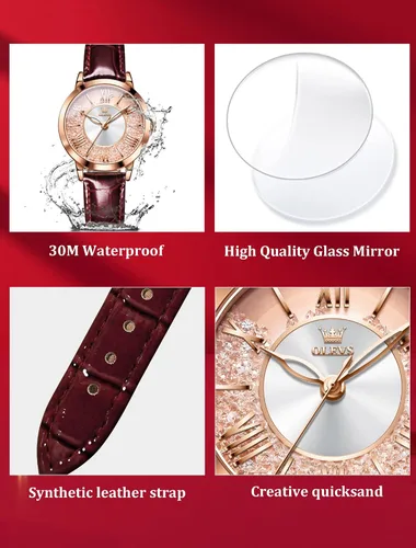 Vista 5 de OLEVS Reloj elegante para mujer, con correa de cuero, para mujer, diseño de arena movediza de diamante, oro rosa, acero inoxidable, resistente al