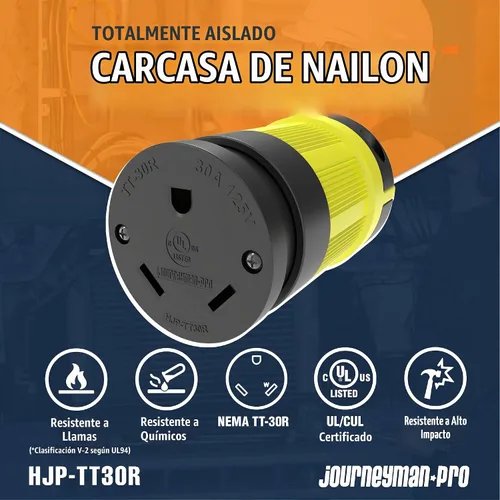 Vista 2 de Journeyman-Pro NEMA TT-30R, 30 amperios, 125 voltios, conector hembra de remolque RV de hoja recta, grado industrial negro/amarillo, generador
