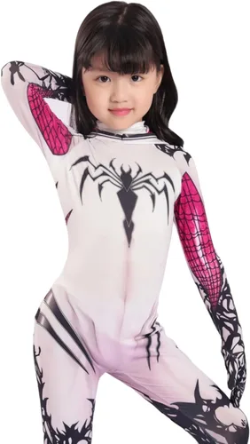 Vista 8 de LG LOUIS GARDEN Disfraz de araña para niños, estilo 3D, traje de araña blanca, overol con máscara para fiesta de Halloween, cosplay, traje para niñas