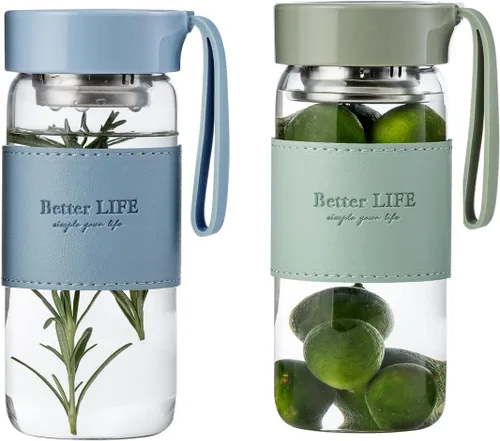 Vista 10 de Botella de Té de Vidrio de 16 oz Botella para Beber con Funda Antideslizante, e Infusor de Té de Acero Inoxidable, Tapa a Prueba de Fugas, Botella