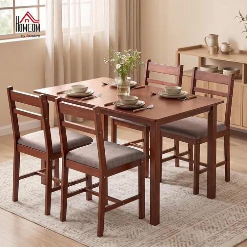 Vista 2 de HOMCOM Juego de mesa de comedor de madera maciza de 5 piezas para 4, mesa de cocina estilo granja con sillas tapizadas para espacios pequeños Marrón