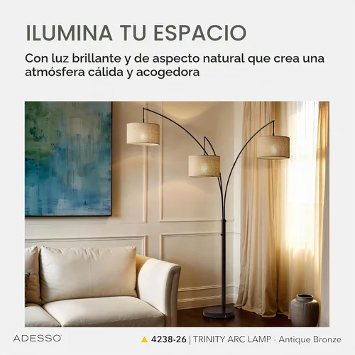 Vista 2 de Adesso Lámpara de pie de arco con 3 pantallas móviles y brillo regulable, iluminación perfecta para dormitorio, sala de estar y decoración de Bronce
