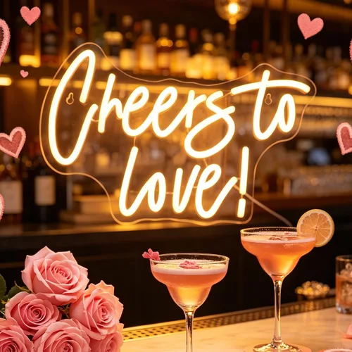 Vista 3 de QiaoFei Letrero LED de neón con texto en inglés «Cheers To Love» alimentado por USB con regulador de intensidad, luces de neón para habitación