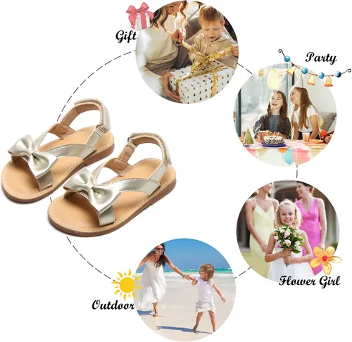 Vista 4 de Felix & Flora Sandalias para niña pequeña - Zapatos de vestir para niña de flores, puntera abierta, zapatos planos de verano para niños pequeños