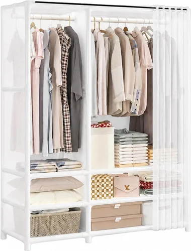 Vista 16 de Armario portátil para colgar ropa, armario de estilo japonés, perchero con 1 varillas para colgar, 2 estantes de almacenamiento, 27.5 pulgadas