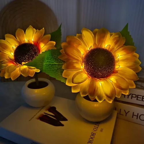 Vista 6 de Lámpara de girasol, girasol artificial en maceta con luces LED, luz nocturna LED USB, lámpara de mesa, mesita de noche, dormitorio, luz decorativa