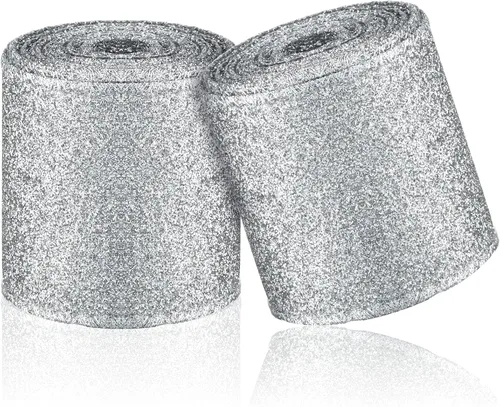 Vista 12 de 2 rollos de cinta de Navidad de 20 yardas con purpurina metálica con borde de alambre, cintas decorativas de tela para envolver fiestas, decoración