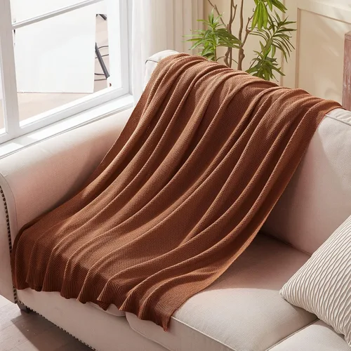 Vista 4 de Treely manta de punto de 100 % algodón, para sofá, silla, cama, decoración del hogar, manta de punto decorativa, suave y acogedora, 50 x 60 Marrón