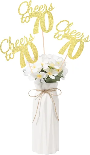 Vista 29 de Gexolenu Cheers to 21, paquete de 10 centros de mesa con purpurina dorada de doble cara para cumpleaños número 21 para mesas, palitos decorativos