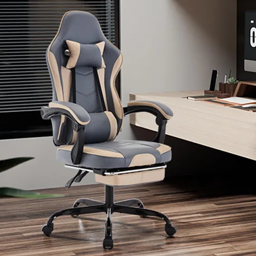 Vista 2 de Silla ergonómica de cuero para juegos con reposapiés, cómoda silla de juegos beige con cómodo reposacabezas y soporte lumbar para adultos, niños