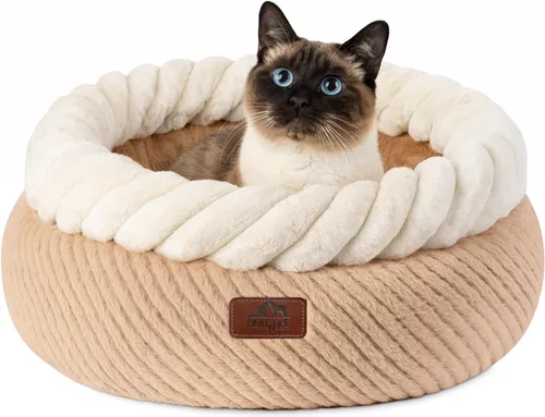 Vista 9 de Hollypet Cama redonda para gatos, camas pequeñas para perros con cojín Gris y Blanco