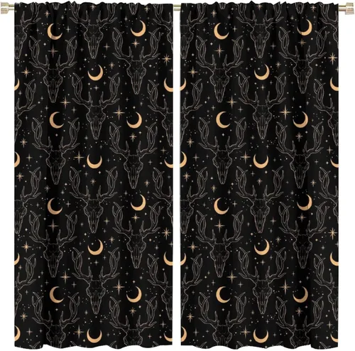 Vista 10 de BAEKJIN Cortinas de cabeza de cabra, diseño de calavera malvada, bruja, símbolo misterioso, bolsillo para barra, cortinas opacas para ventana, juego