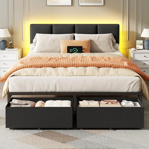 Vista 12 de Furnulem Base de cama de tamaño matrimonial con estación de carga y luces LED, cabecera tapizada de piel sintética, cama de plataforma de metal