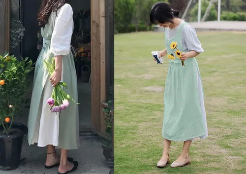 Vista 3 de Delantal plisado vintage para mujeres y niñas, cuello en V, para jardinería, de algodón, vestido de pinafore Verde