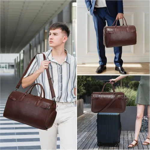 Vista 2 de LXY - Bolsa de viaje de piel vegana, bolsa de viaje para fin de semana con compartimento para zapatos, bolsas de gimnasio para mujeres y hombres