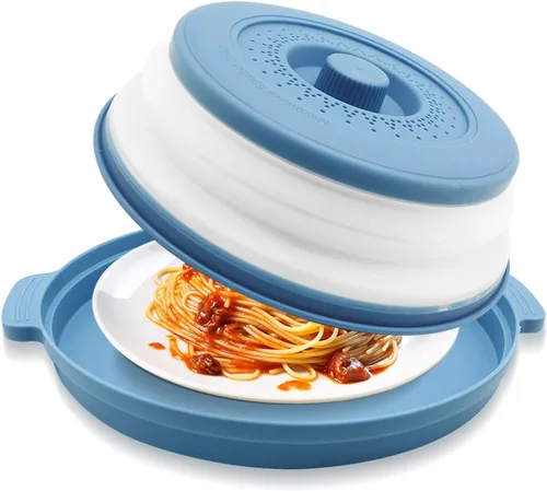 Vista 10 de Cubierta de alimentos para microondas con asa – Protector de salpicaduras de silicona plegable y ventilado con bandeja – Para microondas