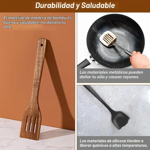 Vista 6 de Eisinly Cucharas de madera para cocinar, 7 piezas, juego de utensilios de cocina de madera antiadherentes, cuchara de espátula de madera duradera